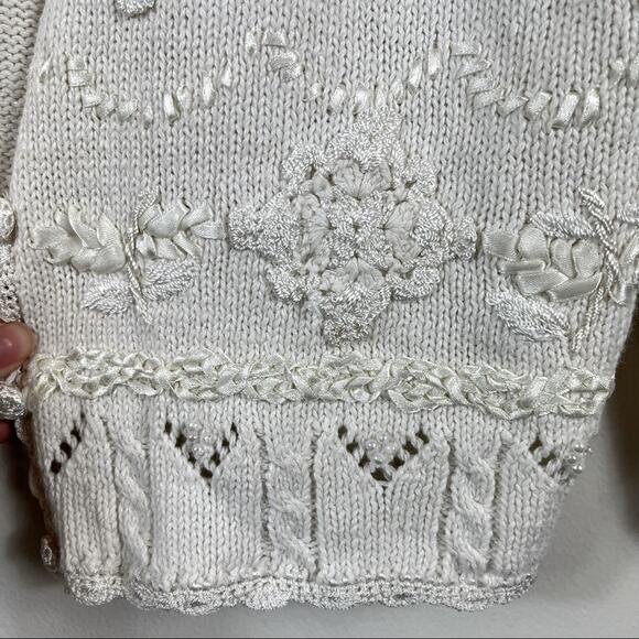 Vintage 90s Y2K Cardigan Sweater Cottage Boho Lace Embroidered Floral Medium - Picture 6 of 10